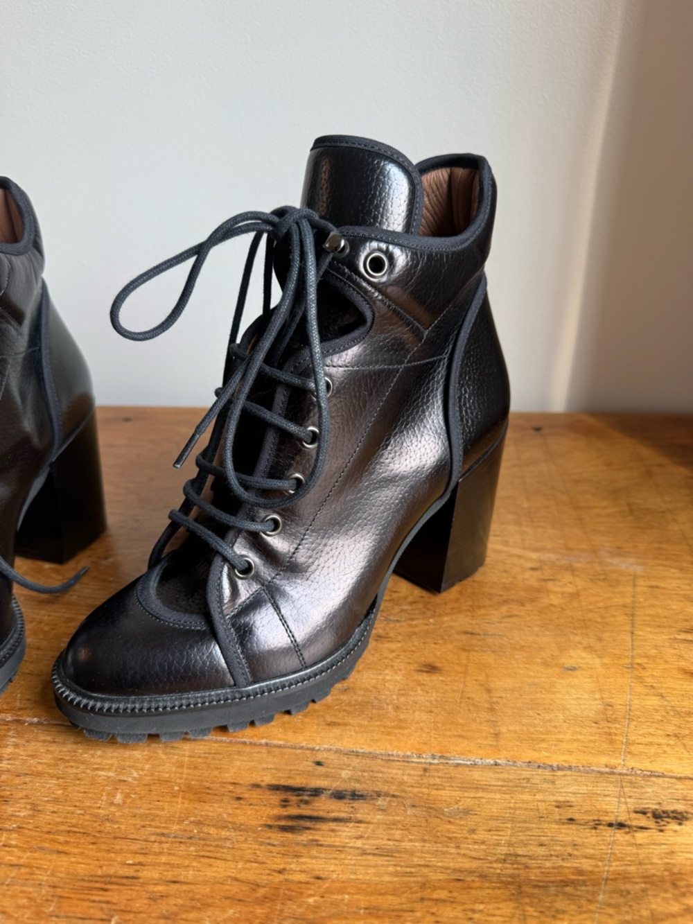 Emporio Armani Black Leather Block Heel Lace-Up Ankle Boots